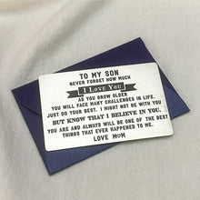 Load image into Gallery viewer, Delujouberst Inspirational To My Son Wallet Card for Teen Boys Mens Stocking Stuffers Gifts for Christmas Birthday Kids Valentines Day Gift for Men Boys Step Son in Law from Mom Mother First Time Fathers Day Gift
