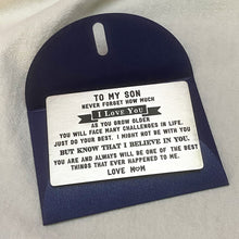 Load image into Gallery viewer, Delujouberst Inspirational To My Son Wallet Card for Teen Boys Mens Stocking Stuffers Gifts for Christmas Birthday Kids Valentines Day Gift for Men Boys Step Son in Law from Mom Mother First Time Fathers Day Gift
